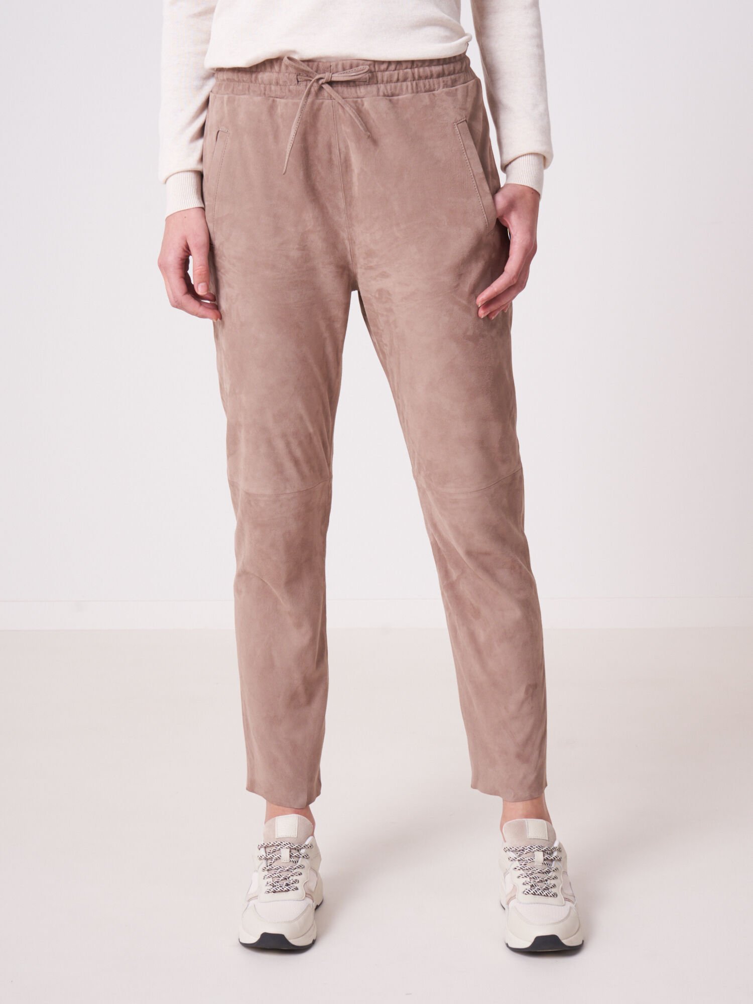 REPEAT cashmere Suède leren broek met elastische tailleband