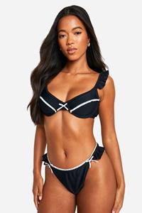 Boohoo Tanga Bikini Broekje Met Strik En Kanten Detail, Black