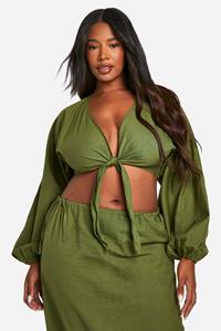 Boohoo Plus Katoenen Crop Top Met Strik, Khaki