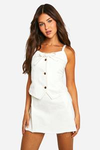 Boohoo Ecru Denim Crop Top Met Knopen, Ecru