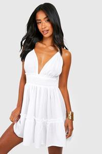 Boohoo Petite Strand Jurk Met Geplooide Taille, Franjes En Halter Neck, White