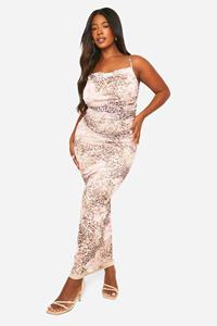Boohoo Plus Mesh Luipaardprint Maxi Jurk Met Kanten Detail, Leopard