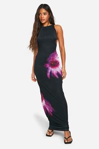 Boohoo Mesh Bloemen Maxi Jurk Met Uitsnijding En Bandjes, Purple