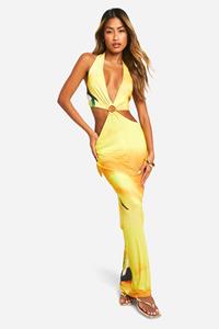 Boohoo Strakke Maxi Jurk Met Gouden Zoom, Opdruk, Laag Decolleté En Uitsnijding, Yellow