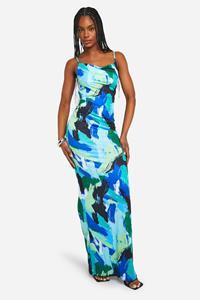 Boohoo Tall Abstracte Maxi Jurk Met Losse Col, Blue