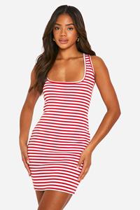 Boohoo Gestreepte Mini Jurk Met Lage Ronde Hals, Red
