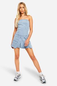 Boohoo Strapless Mini Spijkerjurk Met Zak En Riem Detail, Acid Wash Light Blue