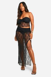 Boohoo Plus Geplooide Kanten Bandeau Top En Geknoopte Maxi Rok Set, Black