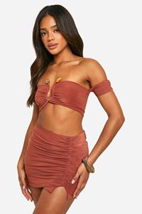 Boohoo Geplooide Bralette En Mini Rokje, Terracotta