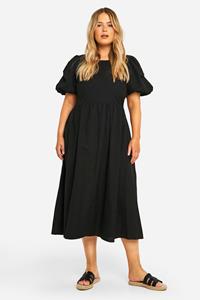 Boohoo Plus Linnen Midi Jurk Met Pofmouwen, Black