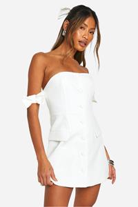 Boohoo Getailleerde Mini Jurk Met Uitgesneden Hals En Strik, Ivory
