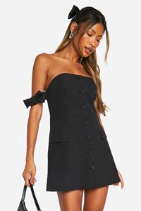 Boohoo Getailleerde Mini Jurk Met Uitgesneden Hals En Strik, Black