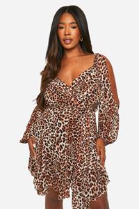 Boohoo Plus Luipaardprint Skater Jurk Met Godet Zoom En Veters, Leopard