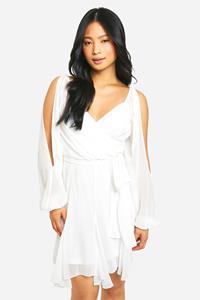 Boohoo Tall Chiffon Skater Jurk Met Veters En Godet Zoom, White