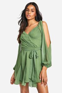 Boohoo Tall Chiffon Skater Jurk Met Veters En Godet Zoom, Olive