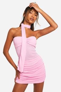 Boohoo Gedraaide Doorschijnende Mini Jurk Met Sjaal, Pink