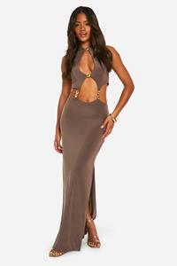 Boohoo Maxi Jurk Met Halter Neck, Uitsnijding En Kraaltjes, Mocha