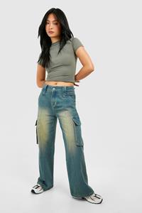 Boohoo Petite Bruine Vintage Jeans Met Verstelbare Taille, Vintage Wash