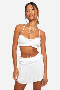 Boohoo Bralette Met Uienhuid En Bijpassend Geplooid Mini Rokje, White
