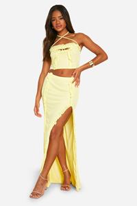 Boohoo Maxi Rok Met Ruches En Zijsplit, Lemon