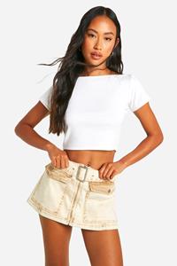 Boohoo Micro Mini Spijkerrokje Met Ceintuur, Rits En Zakken En Zakken, Beige