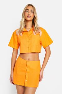 Boohoo Linnen Mini Rokje Met Knopen, Orange