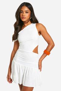Boohoo Linnen Mini Jurk Met Uitgesneden Schouders En Uitsnijding, Cream