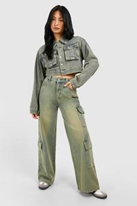 Boohoo Petite Vintage Wash Cargo Jeans, Vintage Wash
