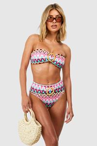 Boohoo Gebreid Zig Zag Bikini Broekje Met Ceintuur En Hoge Taille, Pink