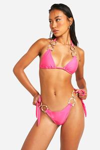 Boohoo Bikini Broekje Met Steentjes, Gouden Zoom En Zijstrikjes, Pink