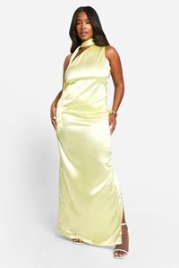 Boohoo Plus Satijnen Premium Top Met Eén Blote Schouder En Maxi Rok Set, Lemon