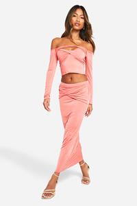Boohoo Strakke Gedraaide Top Met Lange Mouwen En Maxi Rok, Coral