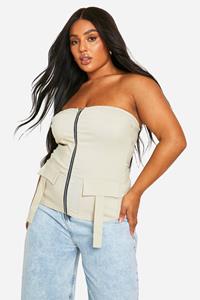 Boohoo Plus Bandeau Top Met Rits En Zak Detail, Pebble