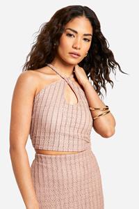 Boohoo Petite Sleutelgat Crop Top Met Textuur En Halter Neck, Stone