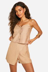 Boohoo Linnen Look Bandeau Top Met Knopen, Mocha
