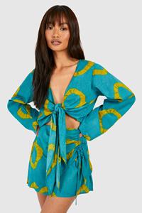 Boohoo Katoenen Tie Dye Top Met Strik, Blue