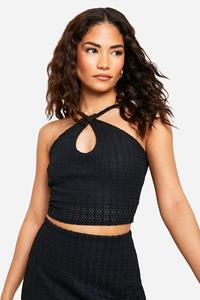 Boohoo Petite Sleutelgat Crop Top Met Textuur En Halter Neck, Black