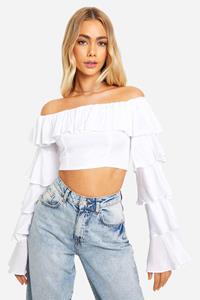 Boohoo Crop Top Met Open Schouders En Ruches, Ivory