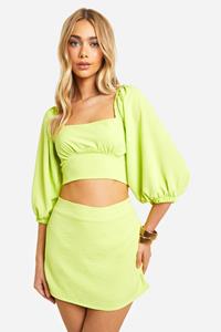 Boohoo Platgeslagen Crop Top Met Rug Strik En Mini Rokje, Lime