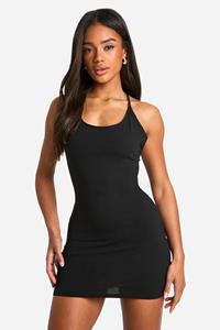 Boohoo Basic Katoenen Mini Jurk Met Bandjes En Gekruiste Rug, Black