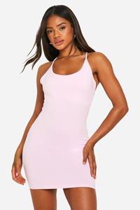 Boohoo Basic Katoenen Mini Jurk Met Bandjes En Gekruiste Rug, Pink
