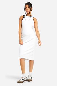 Boohoo Zwangerschap Geribbelde Midi Jurk Met Racer Hals En Contrasterende Stiksels, White
