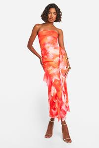 Boohoo Tall Gekleurde Mesh Bloemen Midaxi Jurk Met Ruches, Orange