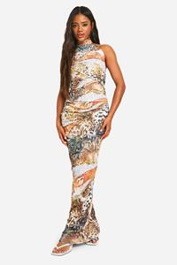 Boohoo Dierenprint Uienhuid Maxi Jurk Met Halter Neck, Animal