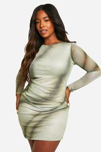 Boohoo Plus Geplooide Mesh Bodycon Jurk Met Print, Green