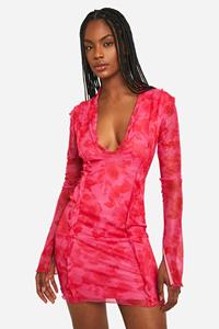 Boohoo Tall Mesh Bloemen Mini Jurk Met Franjes, Pink