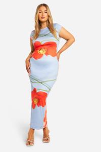 Boohoo Plus Super Zachte Bloemen Maxi Jurk Met Korte Mouwen, Blue