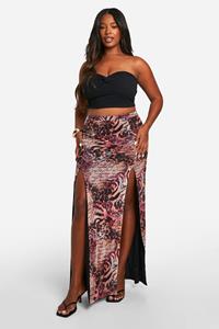 Boohoo Plus Mesh Luipaardprint Maxi Rok Met Split, Multi