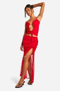 Boohoo Geplooide Mesh Maxi Rok Met Ruches, Red