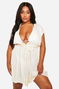 Boohoo Plus Kaasdoek Strand Jurk Met Strik, Cream